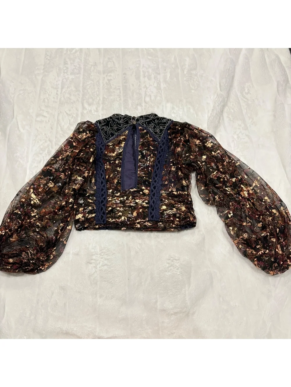 Free People Embroidered Beaded Floral Sheer Sleeve Blouse Women XS Polyester